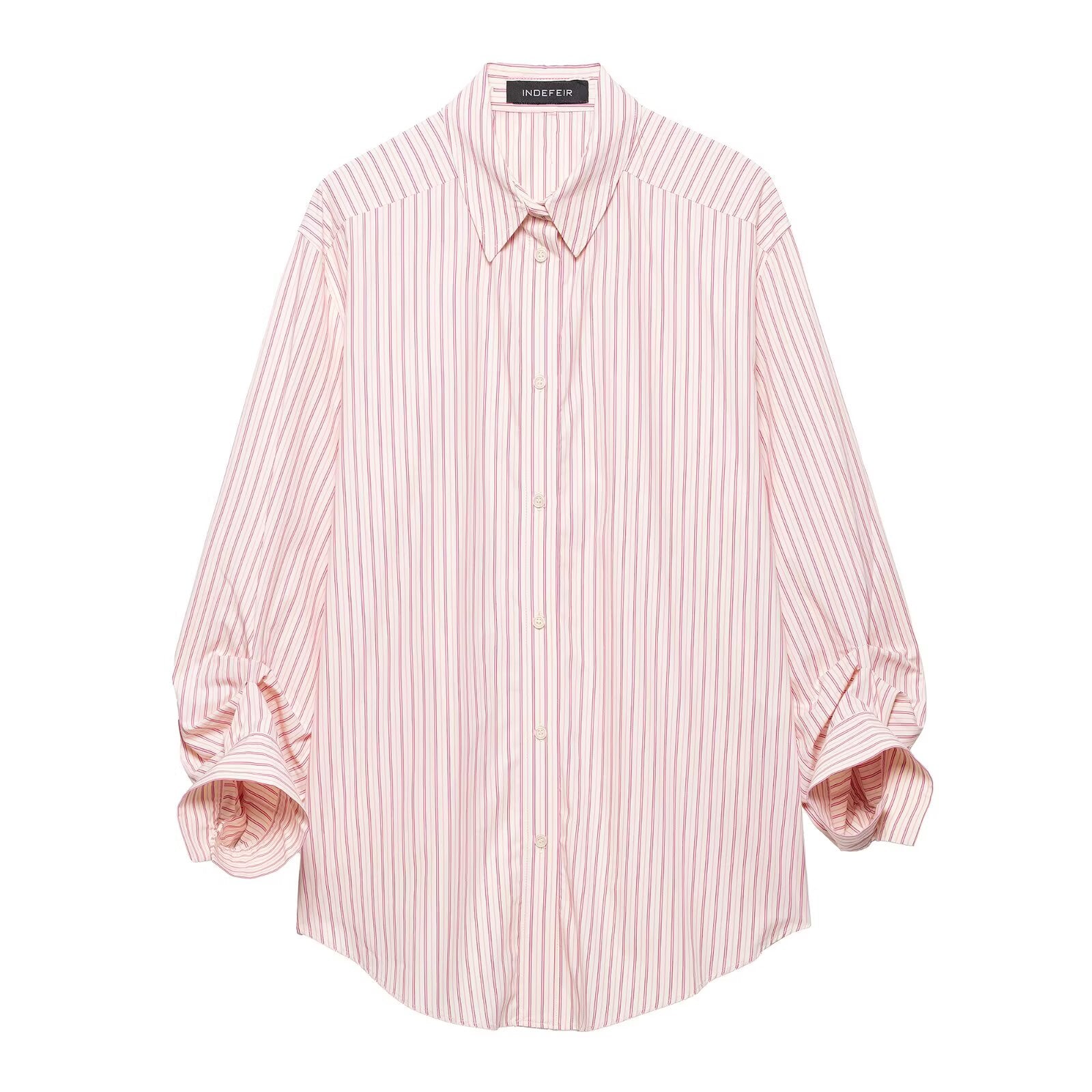 Spring Summer Women Clothing Office Loose All Matching Striped Collared Long Sleeve Shirt
