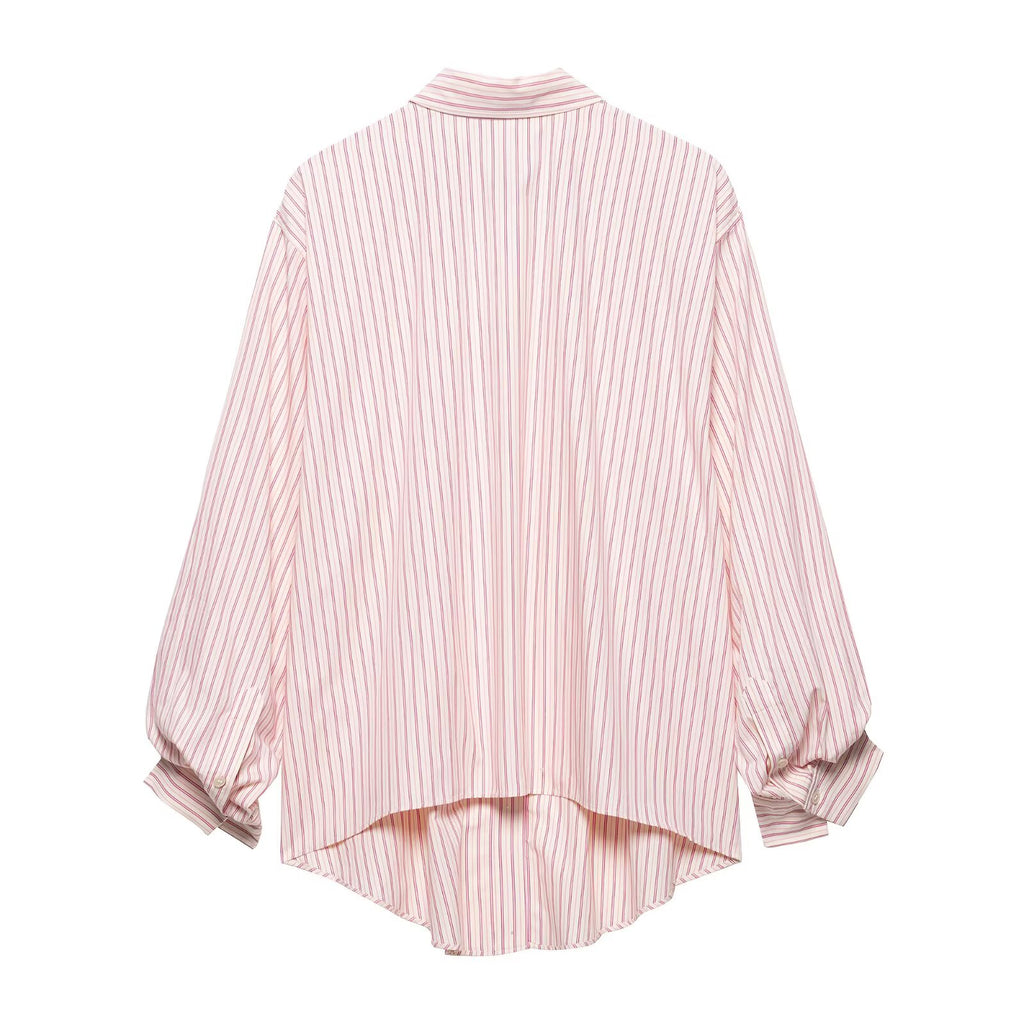 Spring Summer Women Clothing Office Loose All Matching Striped Collared Long Sleeve Shirt