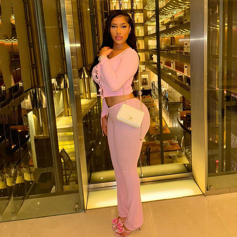 Street Casual Long Sleeve Bowknot Lace up Cutout Cropped Top Pants Two Piece Sets