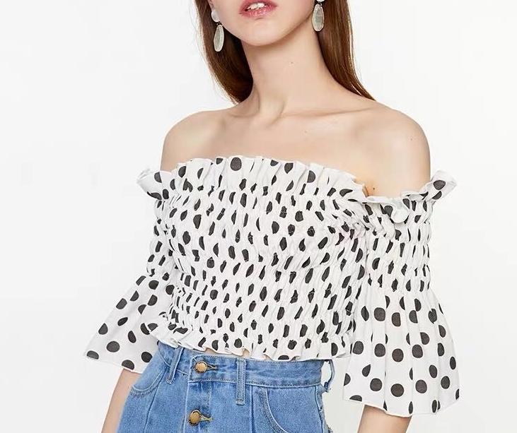 Spring Pleated Elastic Slim Fit off Neck Polka Dot Printed Ruffle Top Shirt