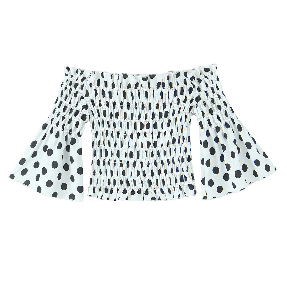 Spring Pleated Elastic Slim Fit off Neck Polka Dot Printed Ruffle Top Shirt