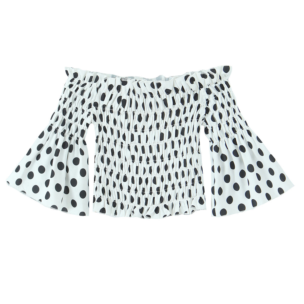 Spring Pleated Elastic Slim Fit off Neck Polka Dot Printed Ruffle Top Shirt