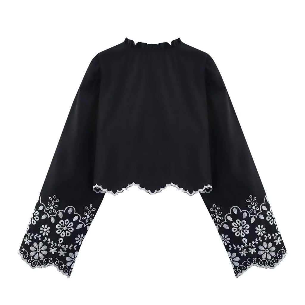 Spring Women Clothing French Design Hollow Out Cutout Embroidered Cotton Top