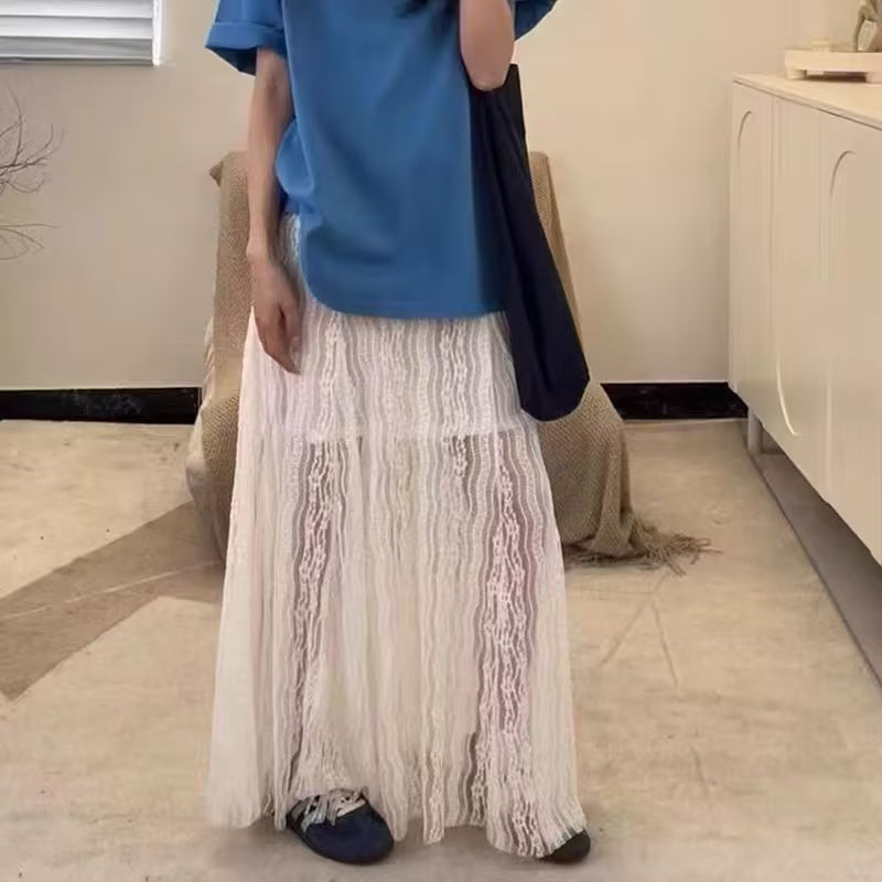 Women Clothing Summer Skirt Office Refined Handmade Lace Jacquard Mesh Skirt Long Skirt