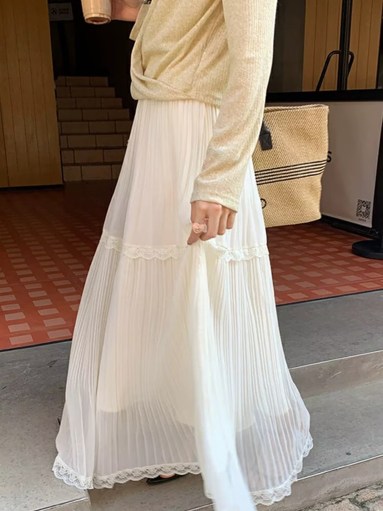 Summer White Moonlight Lace Draping Chiffon Pleated Big Hem Skirt Women