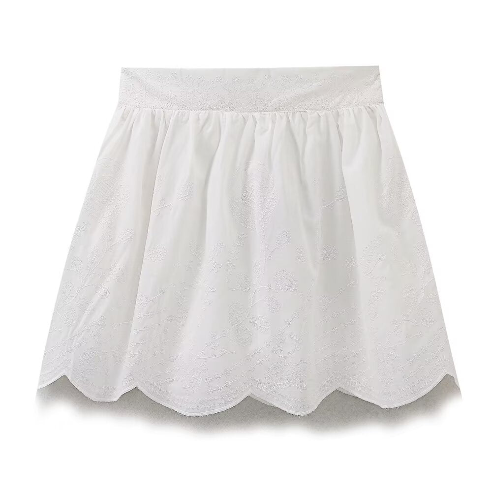 Women Clothing Summer Casual All Matching Elastic Waistband Embroidery Mini Skirt