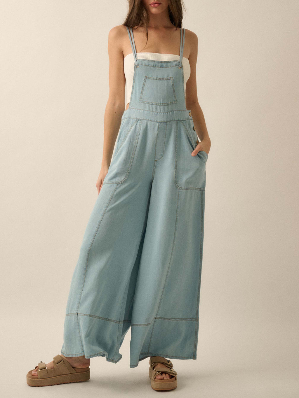 Ladies French Fresh Sling Wide Leg Multi Pocket Workwear Denim Jumpsuit