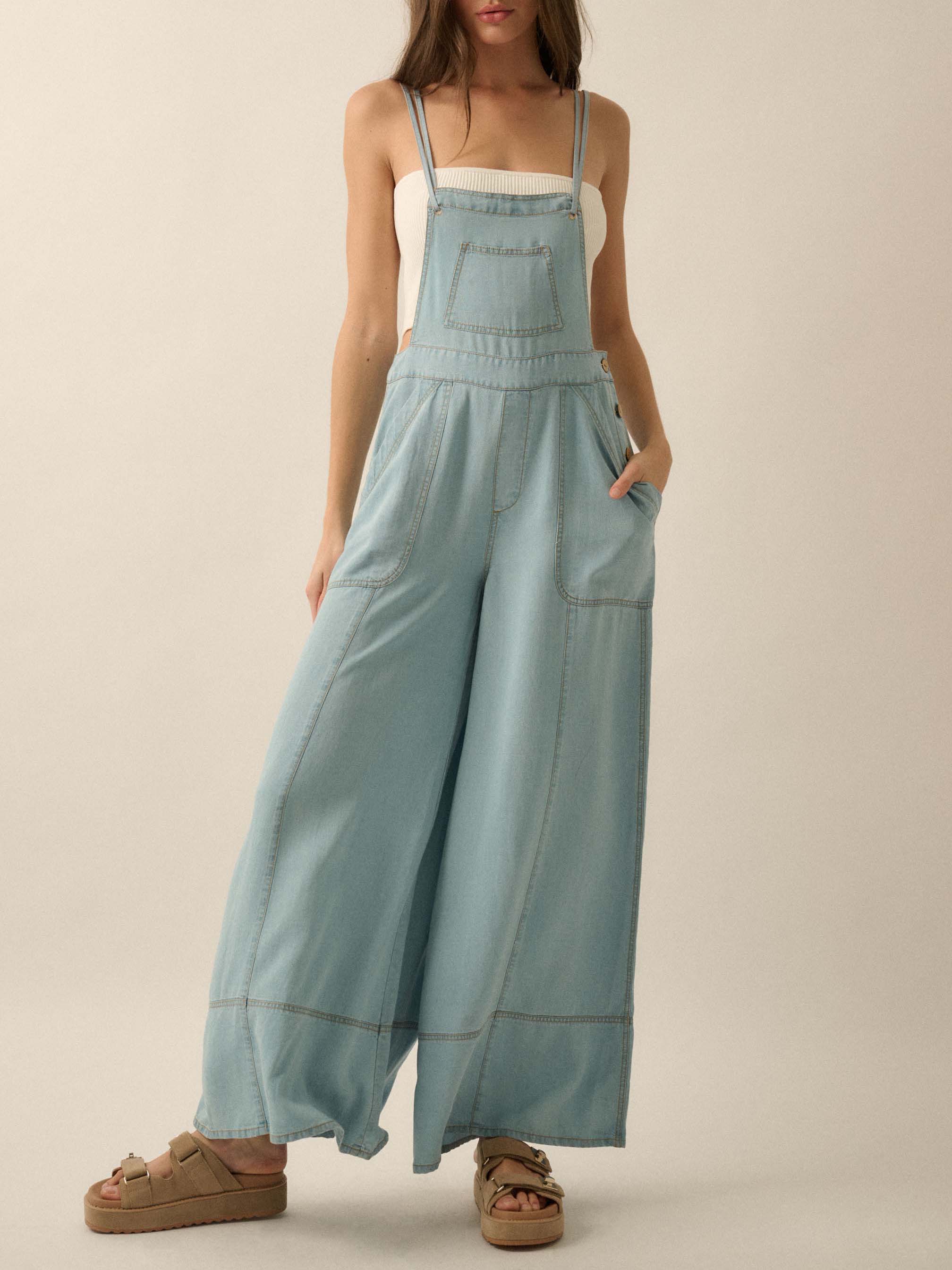 Ladies French Fresh Sling Wide Leg Multi Pocket Workwear Denim Jumpsuit