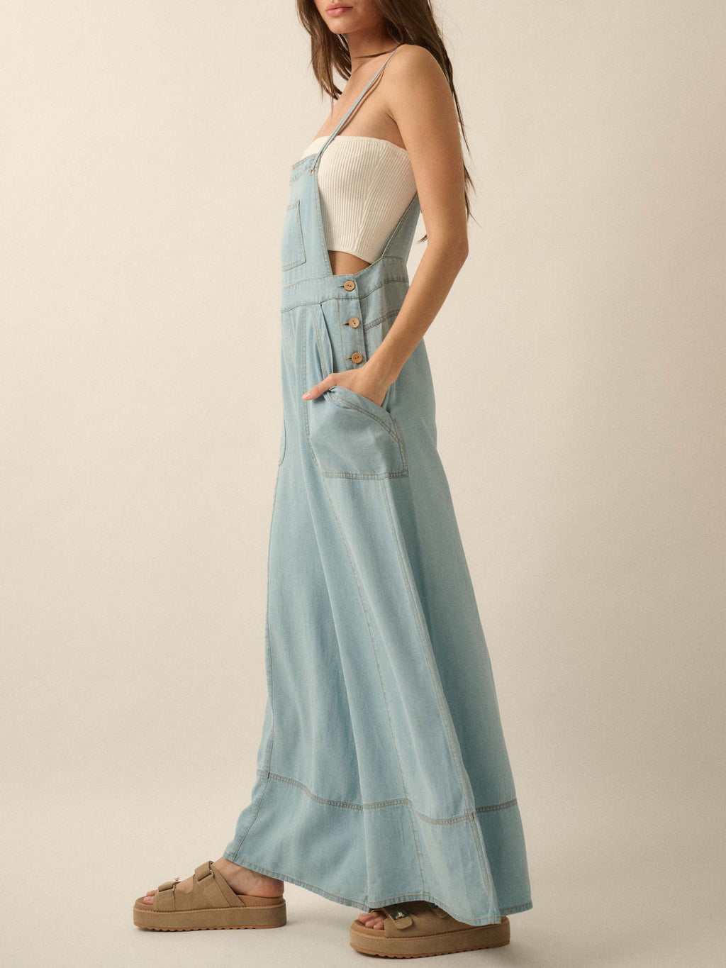 Ladies French Fresh Sling Wide Leg Multi Pocket Workwear Denim Jumpsuit