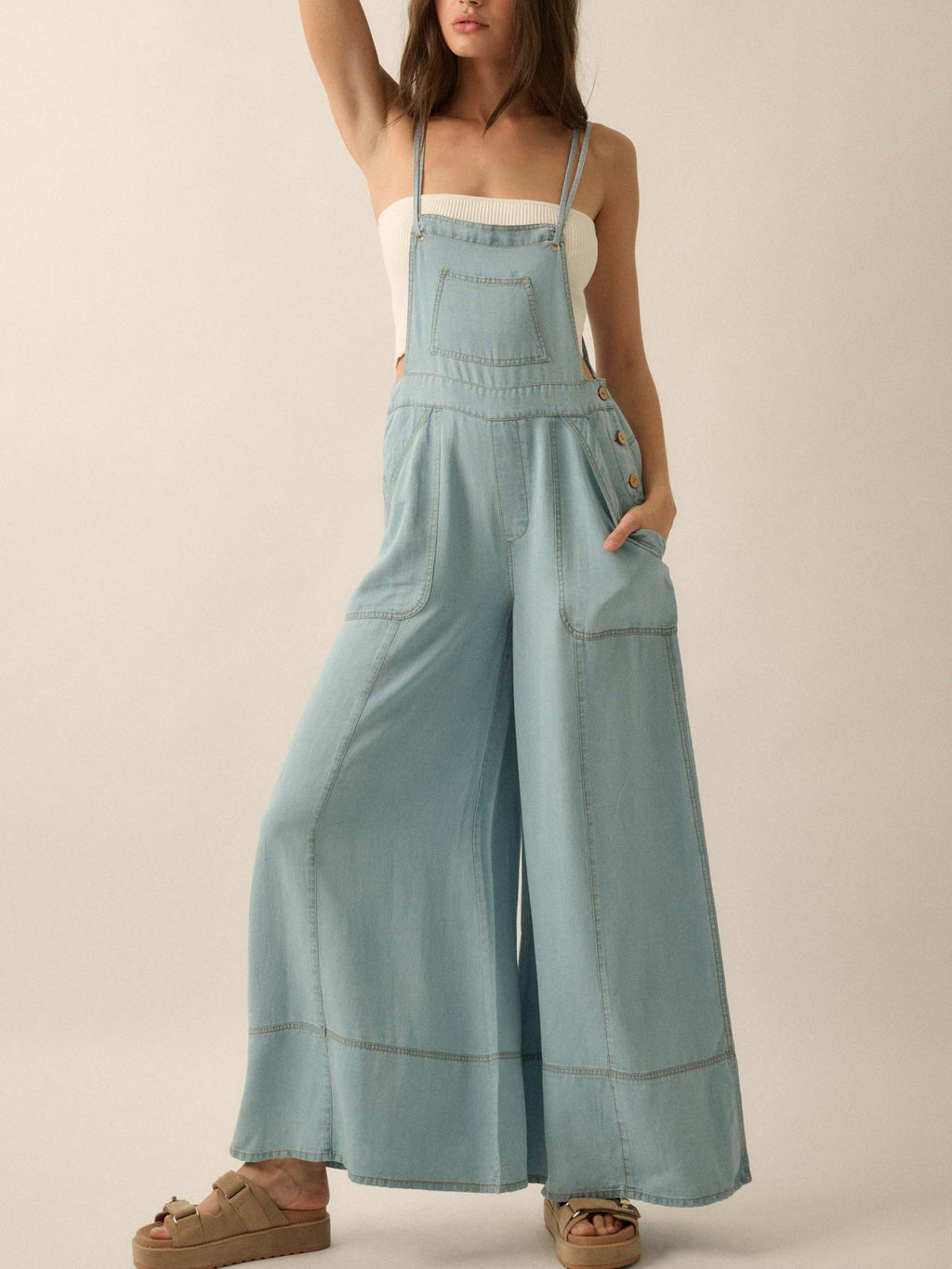 Ladies French Fresh Sling Wide Leg Multi Pocket Workwear Denim Jumpsuit