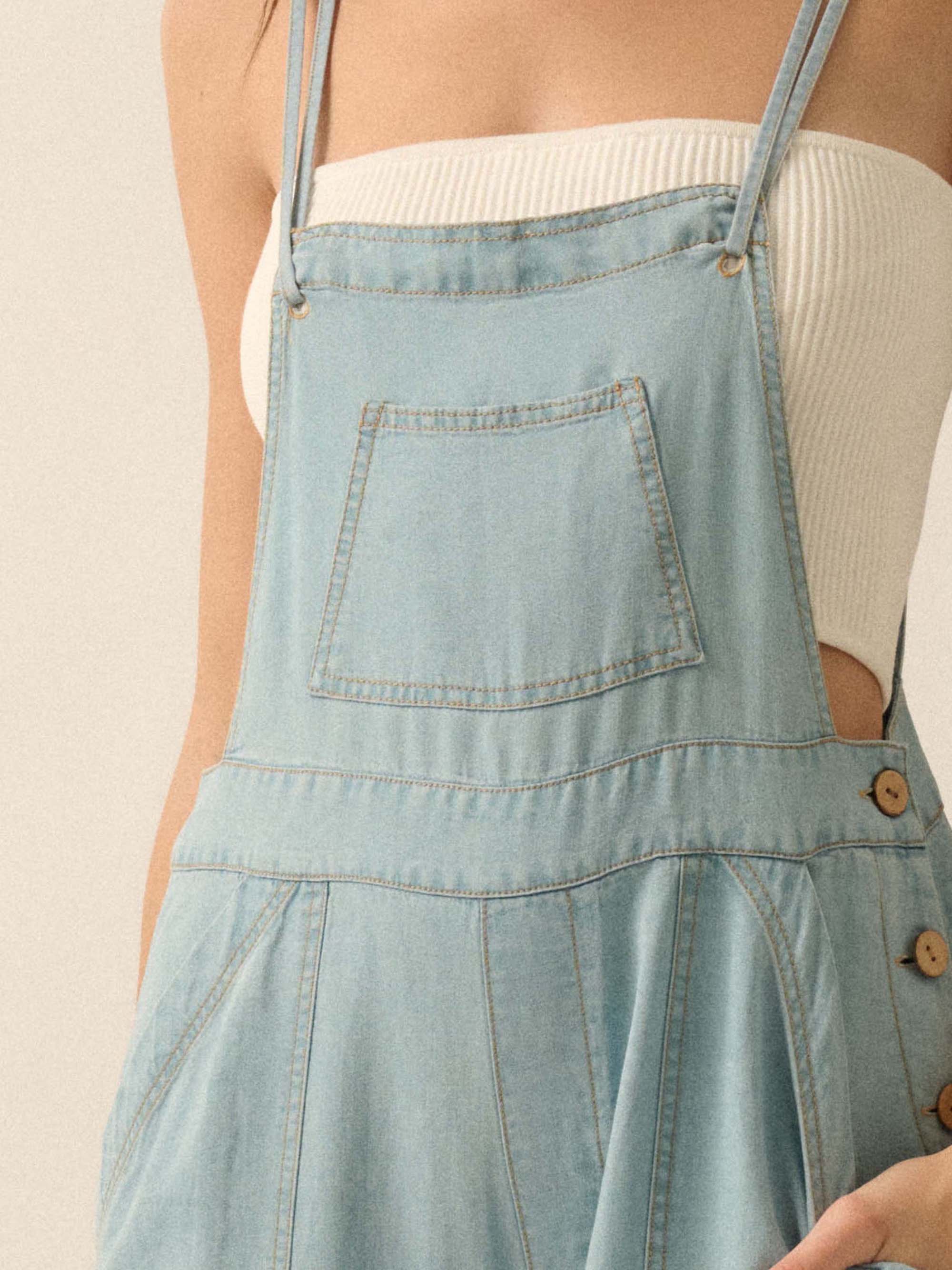 Ladies French Fresh Sling Wide Leg Multi Pocket Workwear Denim Jumpsuit