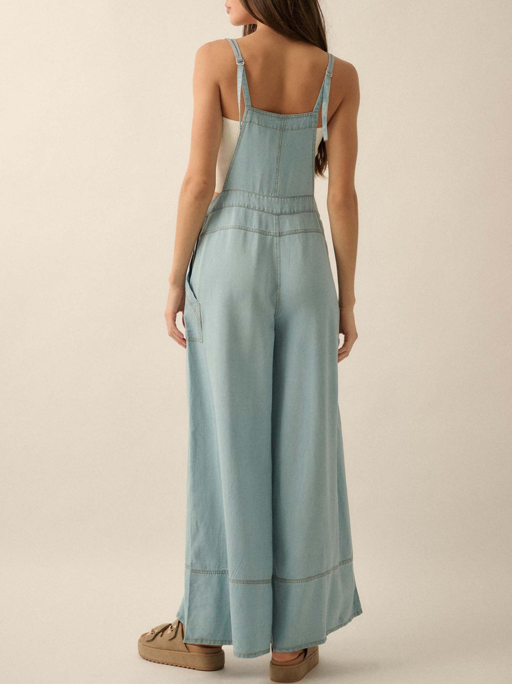 Ladies French Fresh Sling Wide Leg Multi Pocket Workwear Denim Jumpsuit