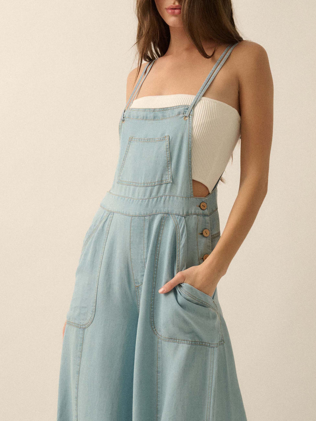 Ladies French Fresh Sling Wide Leg Multi Pocket Workwear Denim Jumpsuit