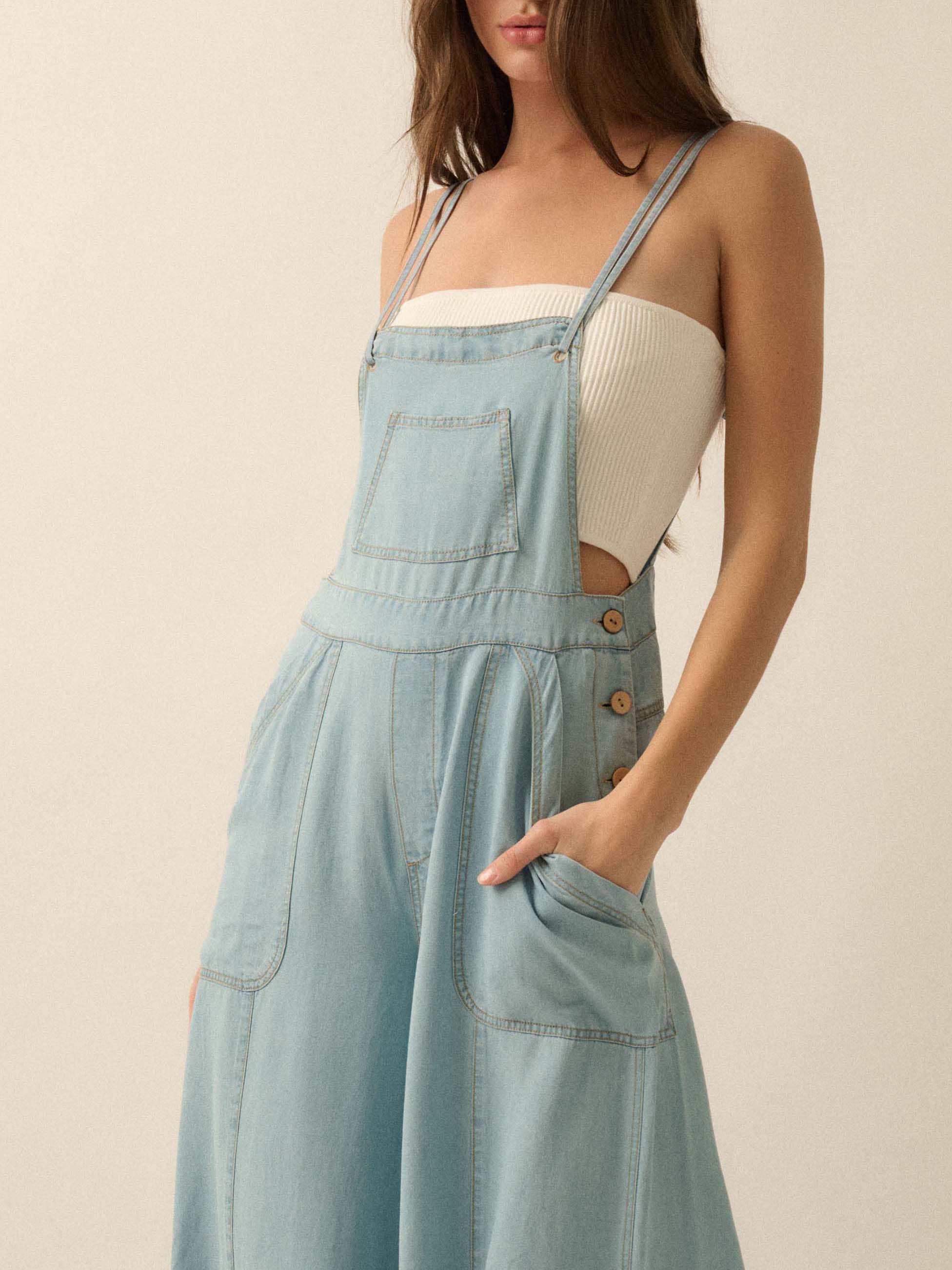 Ladies French Fresh Sling Wide Leg Multi Pocket Workwear Denim Jumpsuit