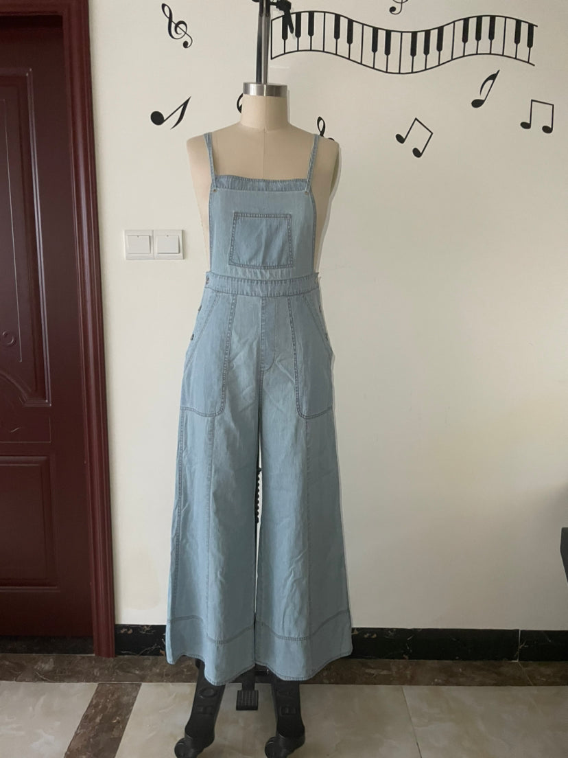 Ladies French Fresh Sling Wide Leg Multi Pocket Workwear Denim Jumpsuit