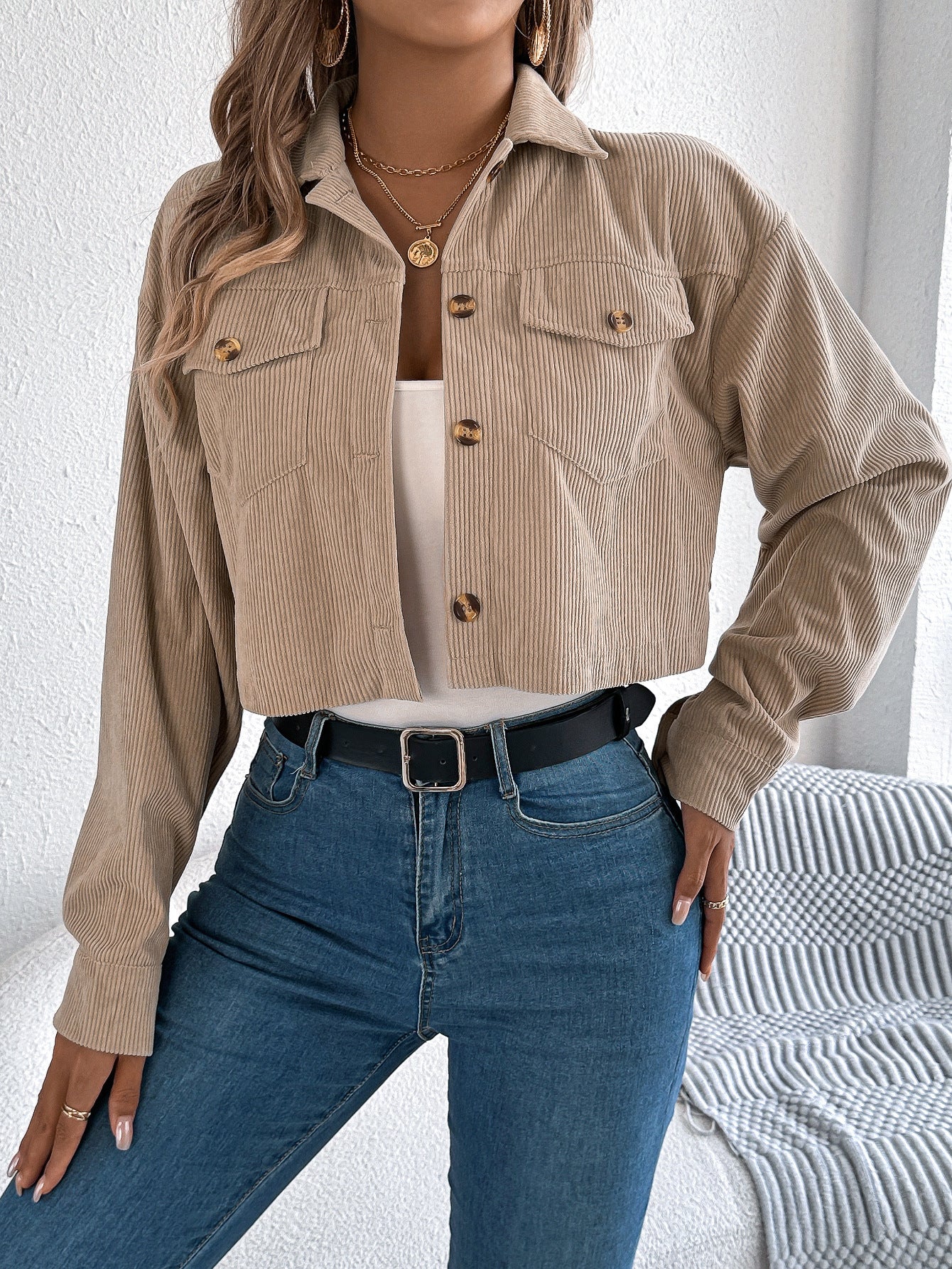 Fall Winter Casual Pocket Long Sleeve Corduroy Short Jacket Women Clothing