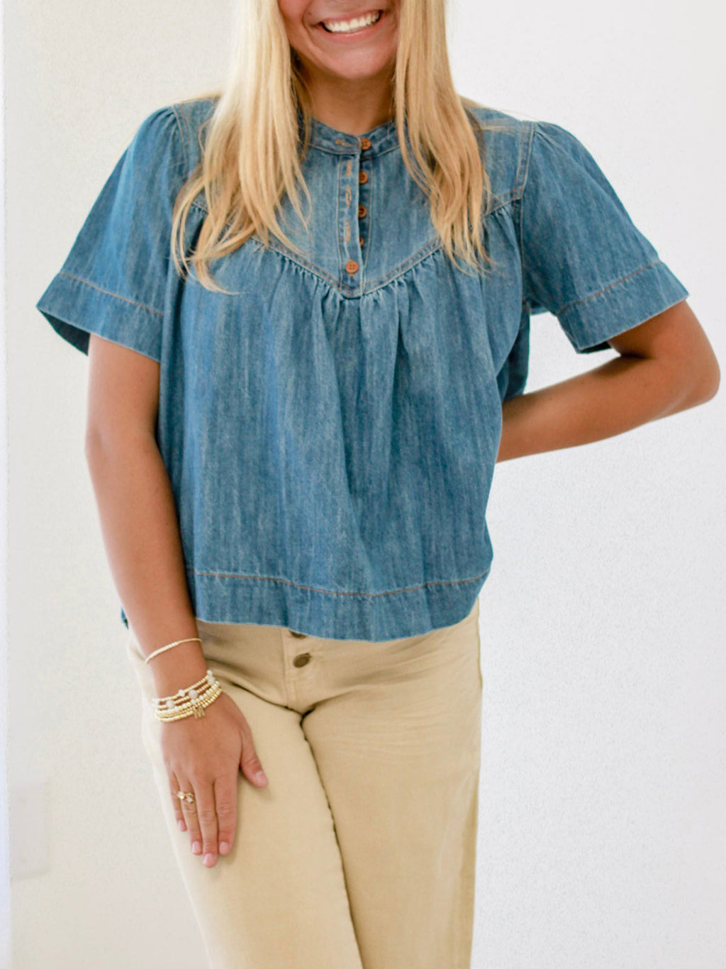 Ladies Summer Cotton Denim Washed Loose Buckle All Matching Jeans Denim Short Sleeve T shirt