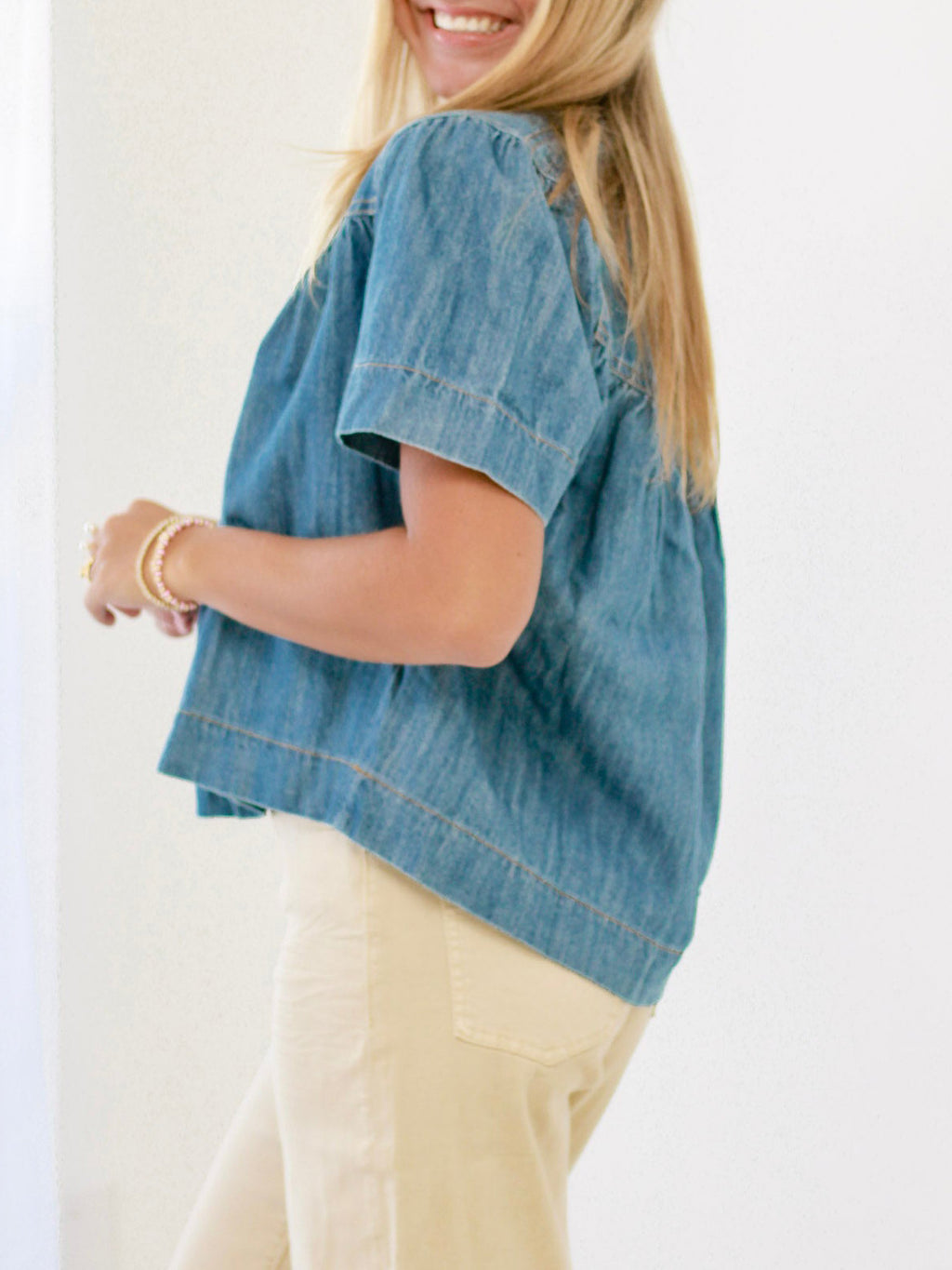 Ladies Summer Cotton Denim Washed Loose Buckle All Matching Jeans Denim Short Sleeve T shirt