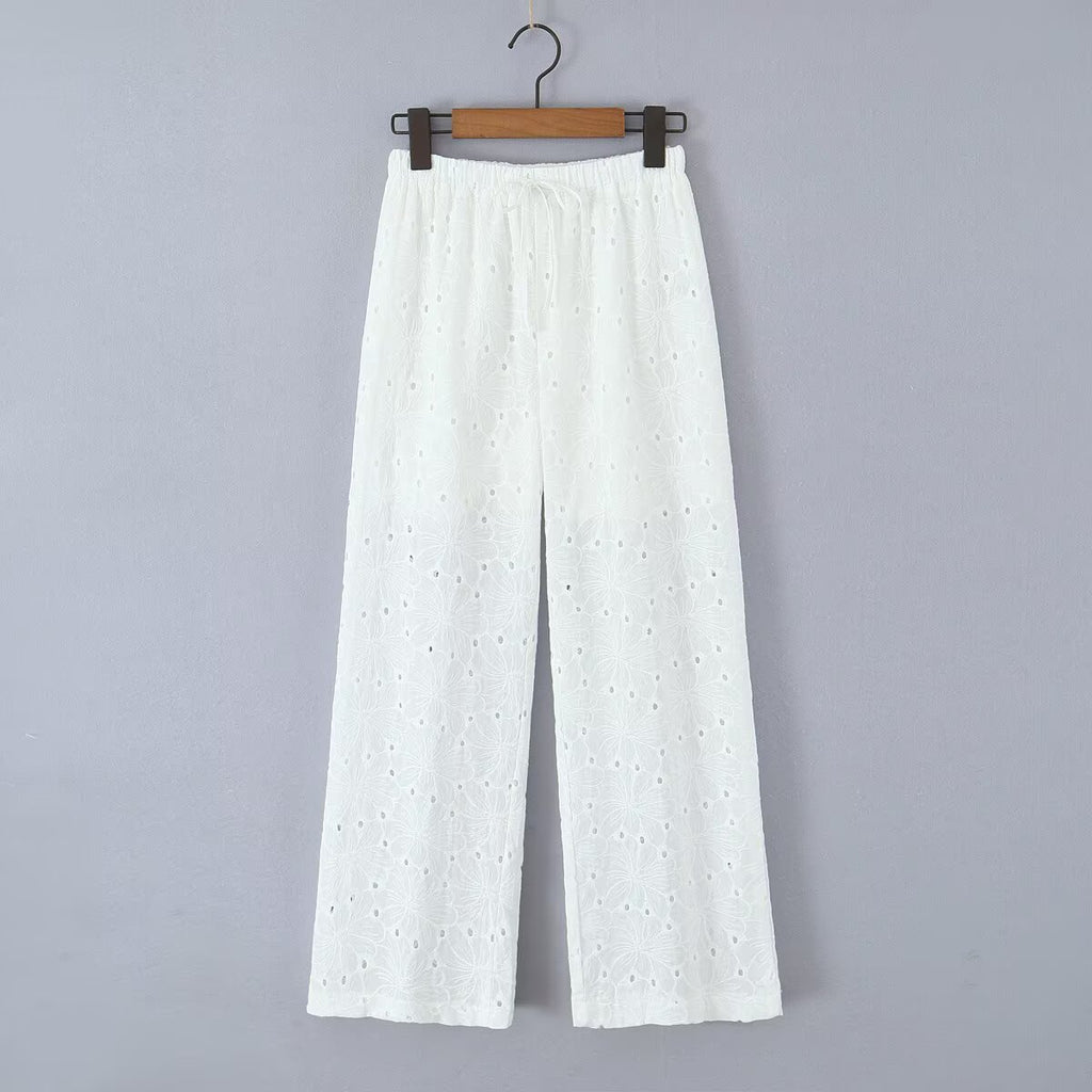 Embroidered High Waist Slimming All Matching Lace up Straight Leg Pants Wide Leg Straight Pants Straight Leg Pants Hollow Out Cutout out Trousers