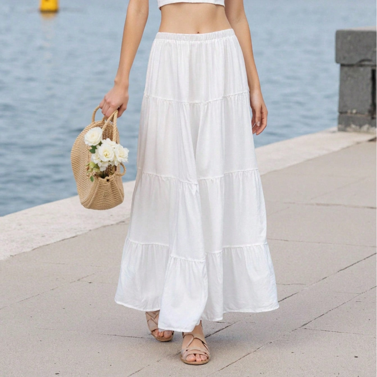 White Tiered Dress Women Spring Summer Elastic Waist A line Skirt High Waist Slimming Dress Fresh Air Skirt