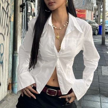 Office Business Wear Waist Controlled Lace up Shirt Sexy Street Solid Color Collared Long Sleeve Top