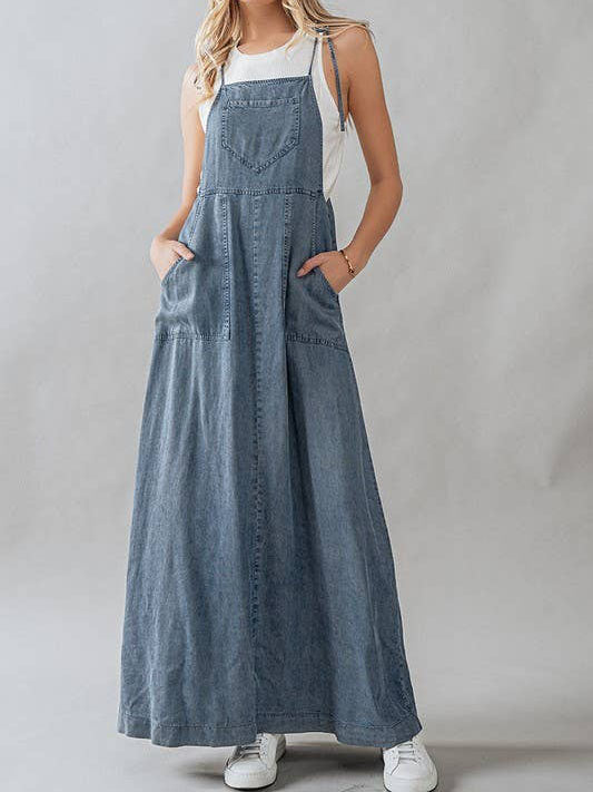 Ladies Summer Dress Lace up Tooling Denim Washed Multi Pocket Dress