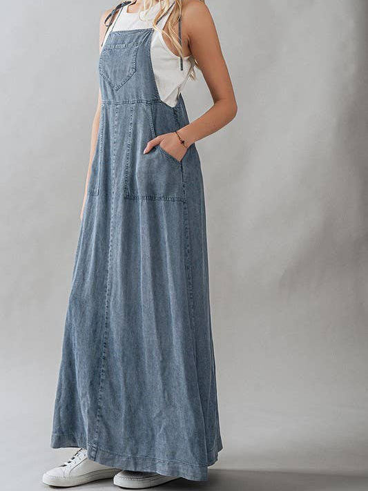 Ladies Summer Dress Lace up Tooling Denim Washed Multi Pocket Dress