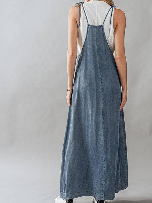 Ladies Summer Dress Lace up Tooling Denim Washed Multi Pocket Dress