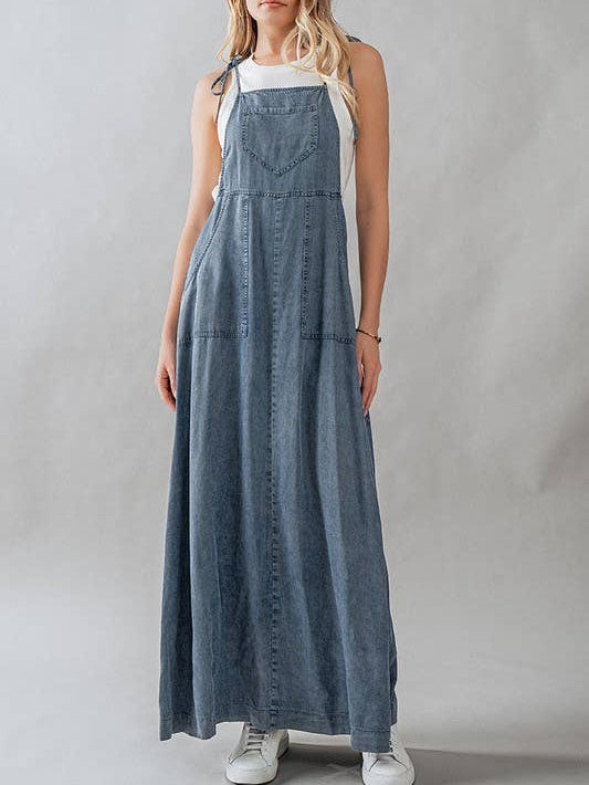 Ladies Summer Dress Lace up Tooling Denim Washed Multi Pocket Dress