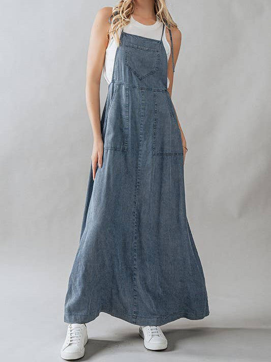 Ladies Summer Dress Lace up Tooling Denim Washed Multi Pocket Dress