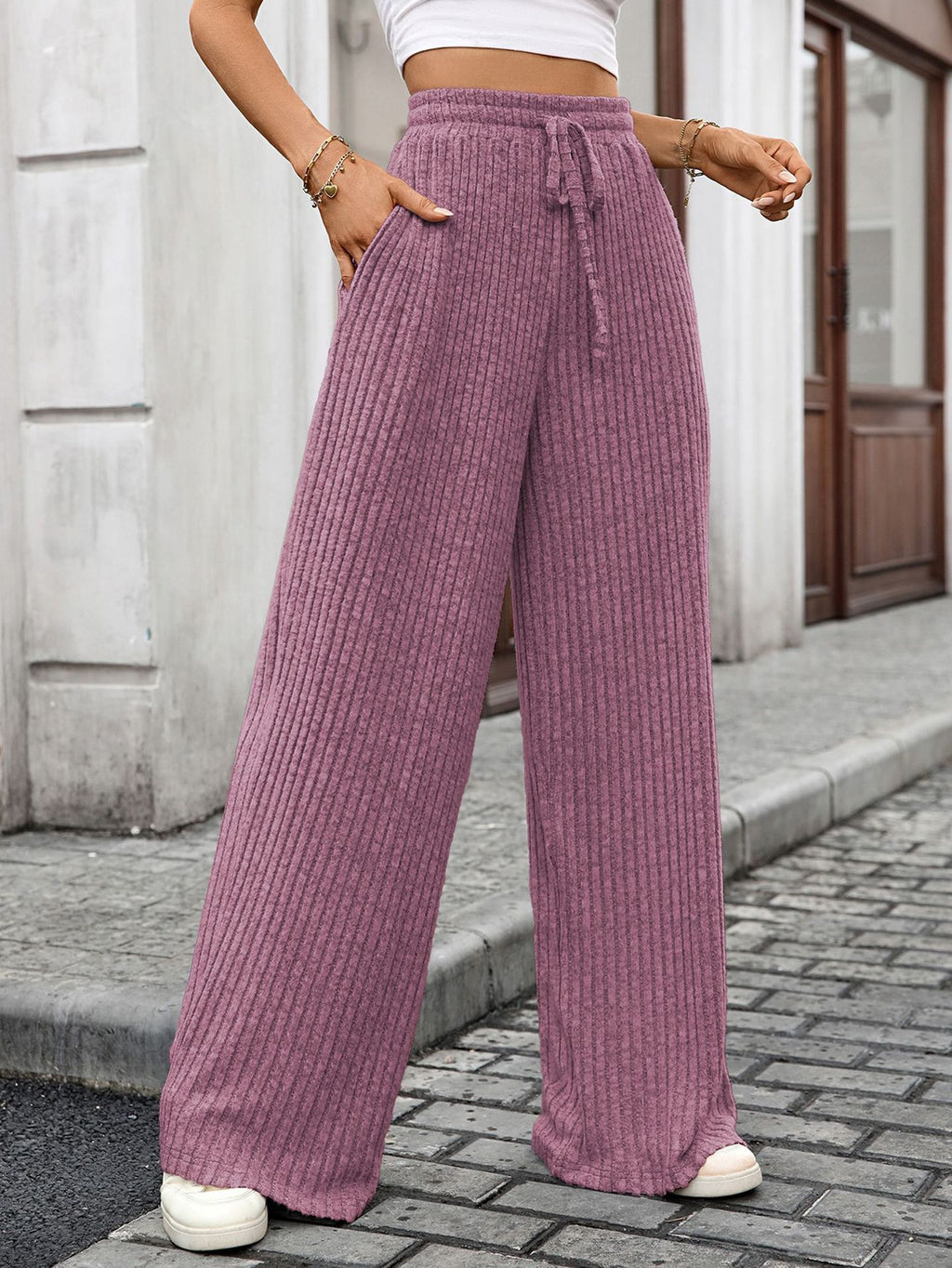 Autumn Winter Solid Color Drawstring Sunken Stripe Brushed Elastic Waist Casual Trousers