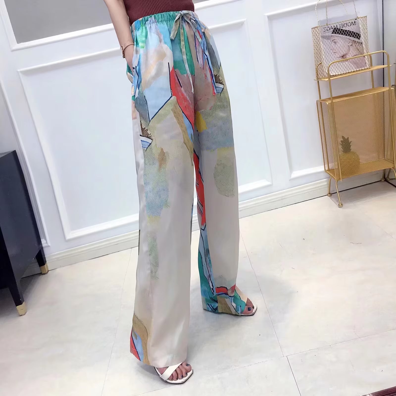 Women Clothing High Waist Lace up Abstract Watercolor Printing Loose Casual Wide Leg Pants Straight