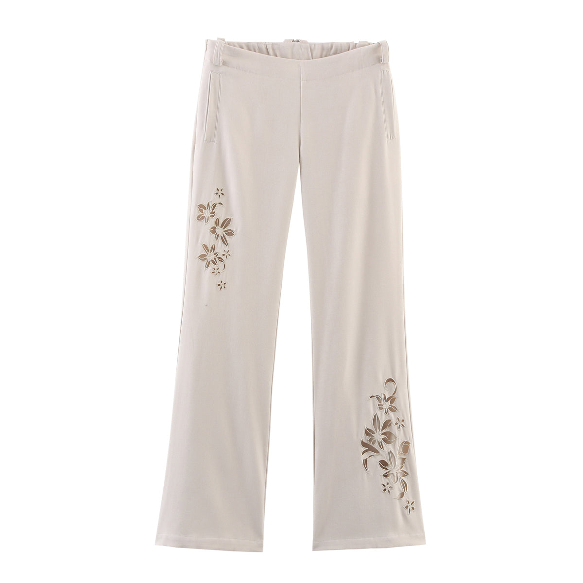 Plant Floral Hollow Out Cutout Laser Positioning Embroidery Low Waist Bell Bottom Pants