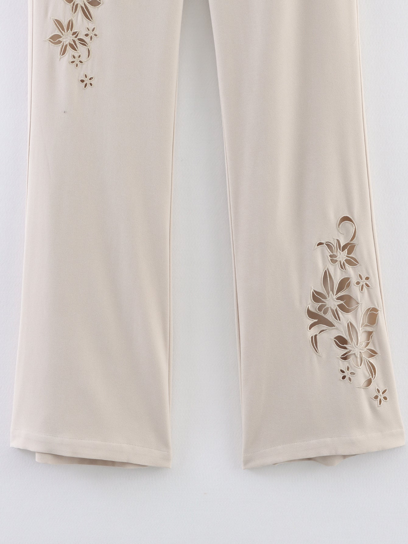 Plant Floral Hollow Out Cutout Laser Positioning Embroidery Low Waist Bell Bottom Pants
