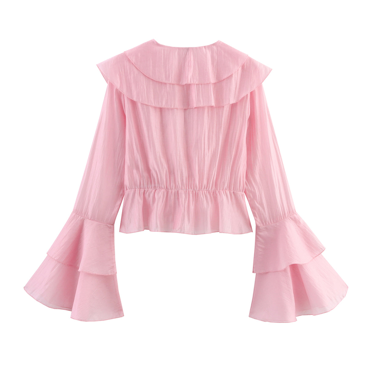 Summer Charming Pink Chiffon Elegant Layered V neck Tencel Cotton Multi Layer Ruffle Top