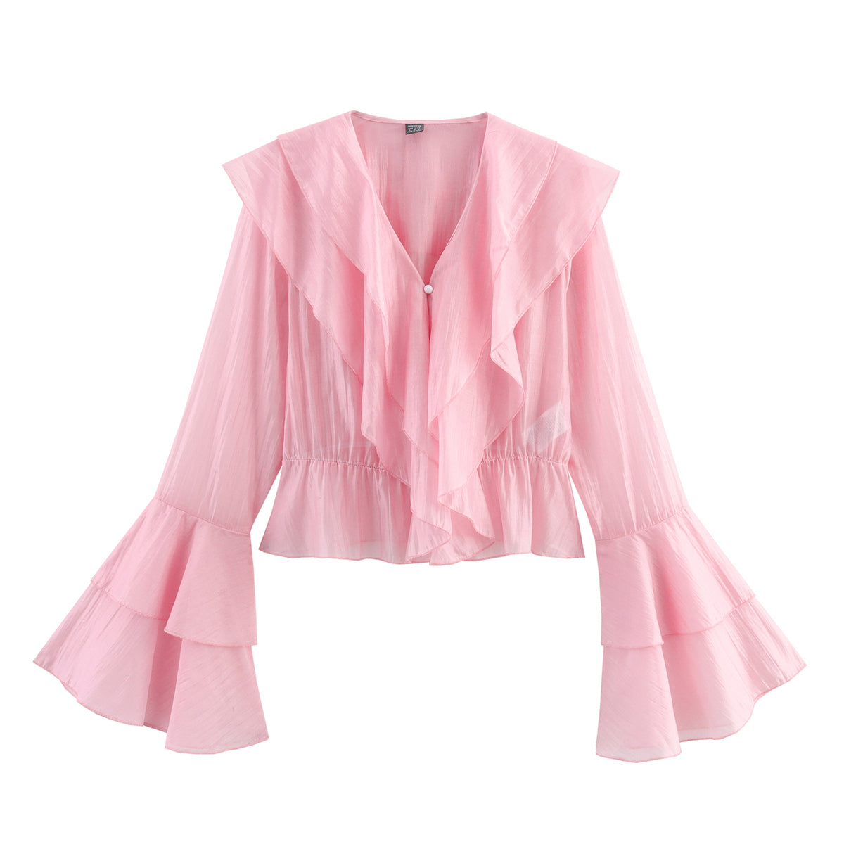 Summer Charming Pink Chiffon Elegant Layered V neck Tencel Cotton Multi Layer Ruffle Top
