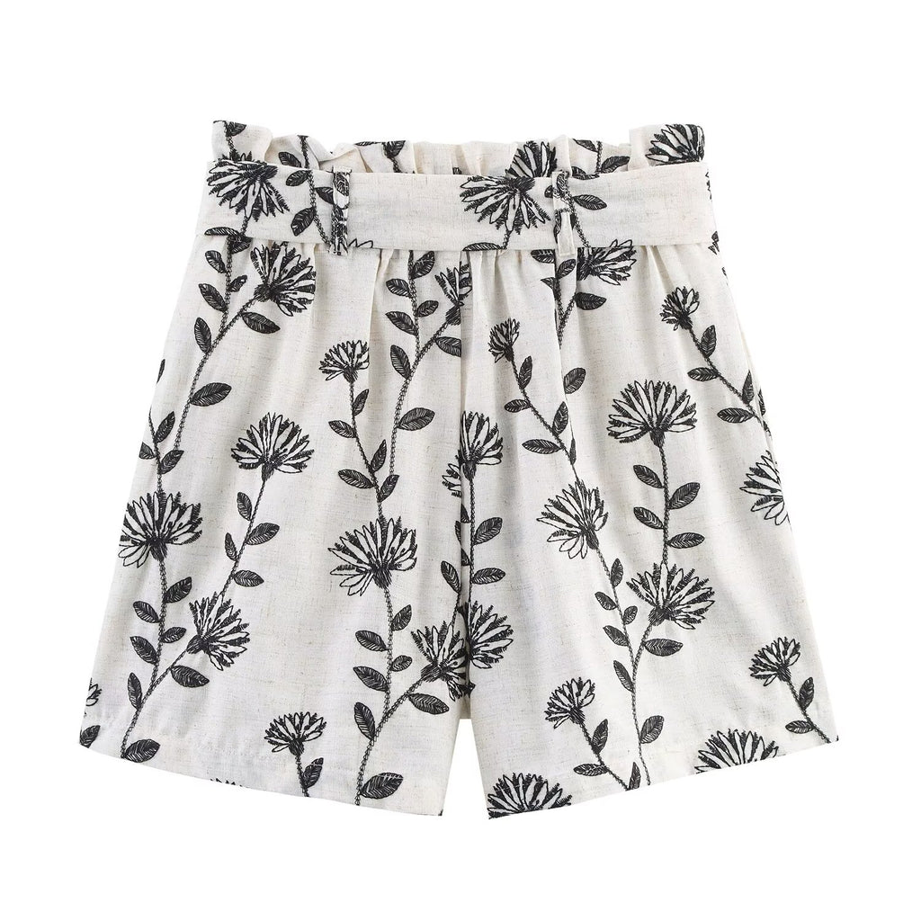 Women Clothing Summer Elegant High Waist Embroidered Paper Bag Casual Shorts
