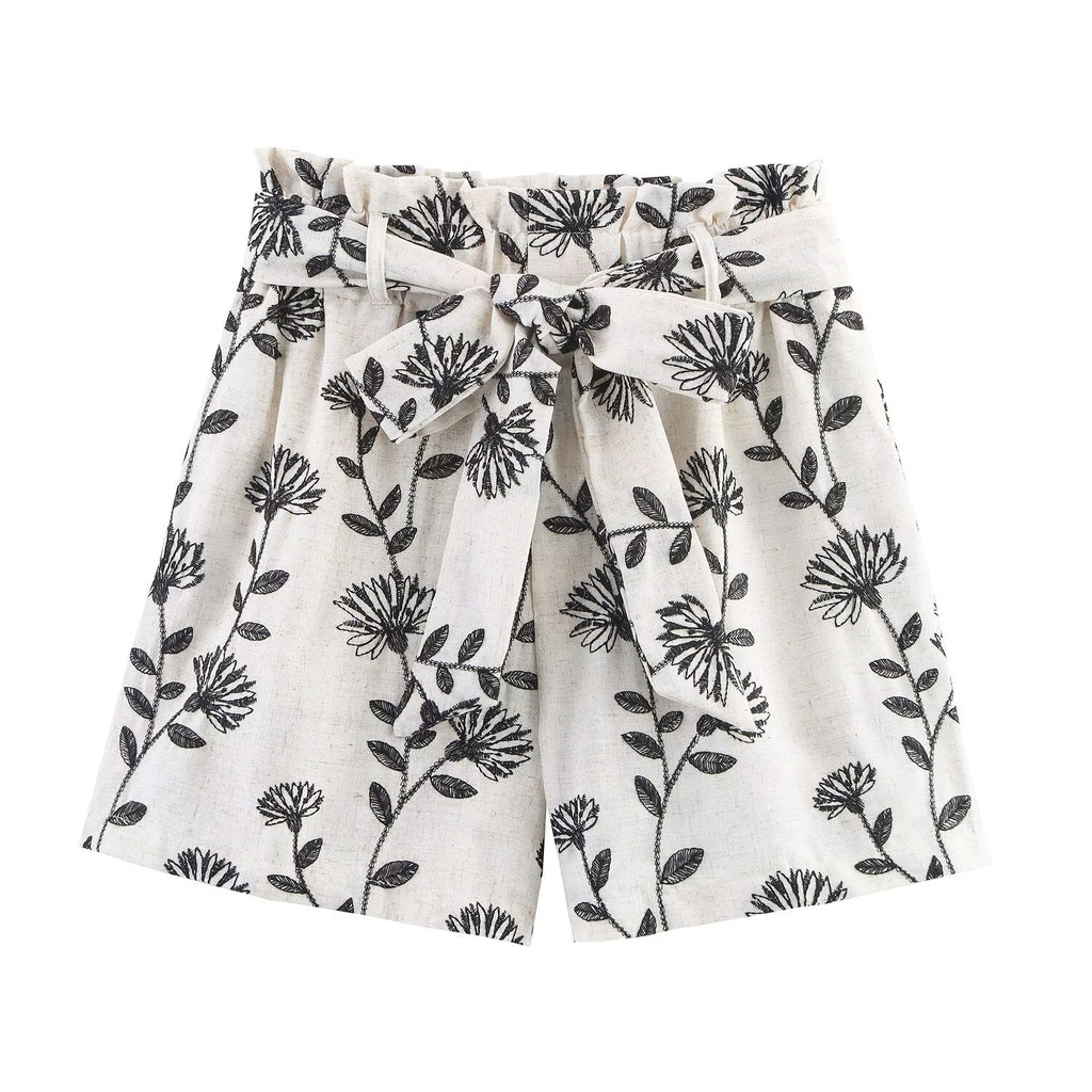 Women Clothing Summer Elegant High Waist Embroidered Paper Bag Casual Shorts