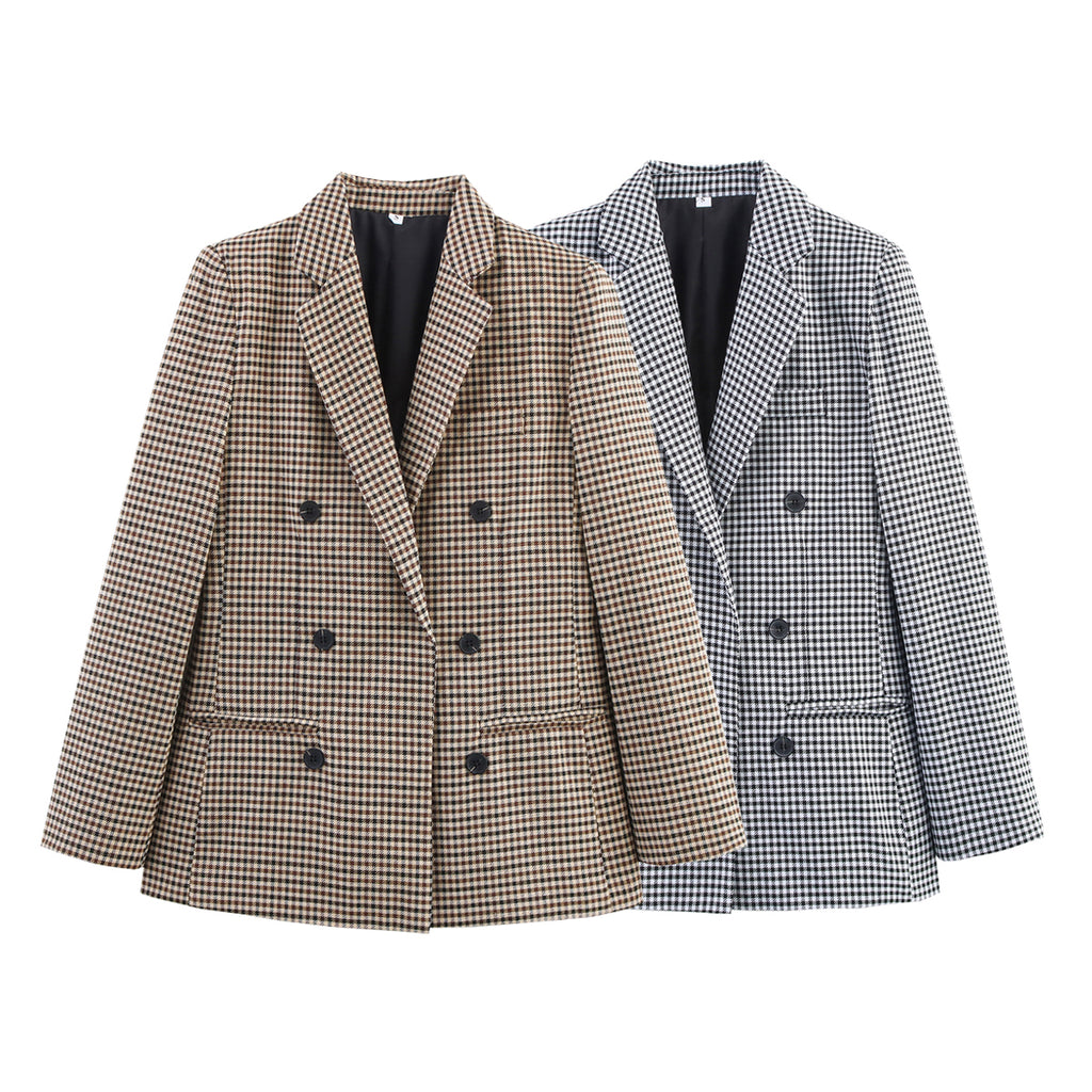 Women Autumn Plaid Double Breasted Coat Personalized Blazers