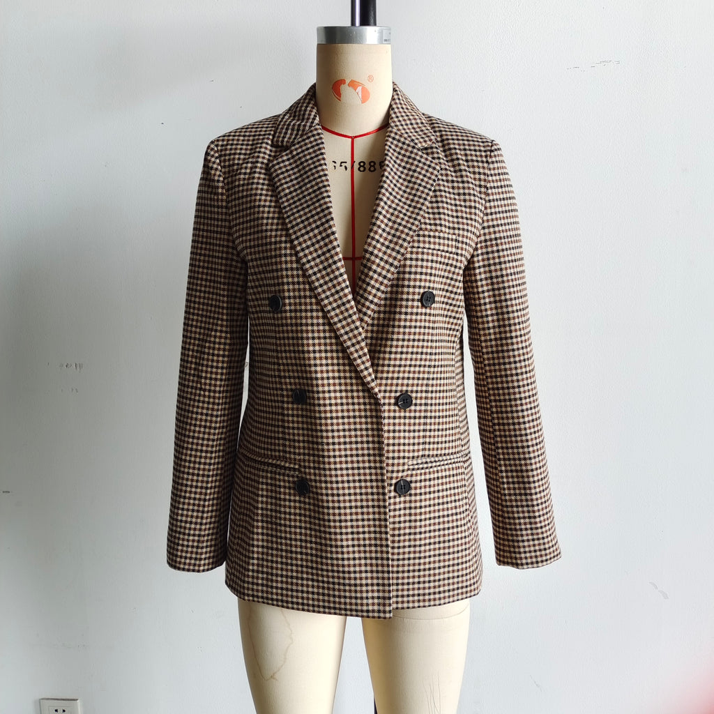 Women Autumn Plaid Double Breasted Coat Personalized Blazers