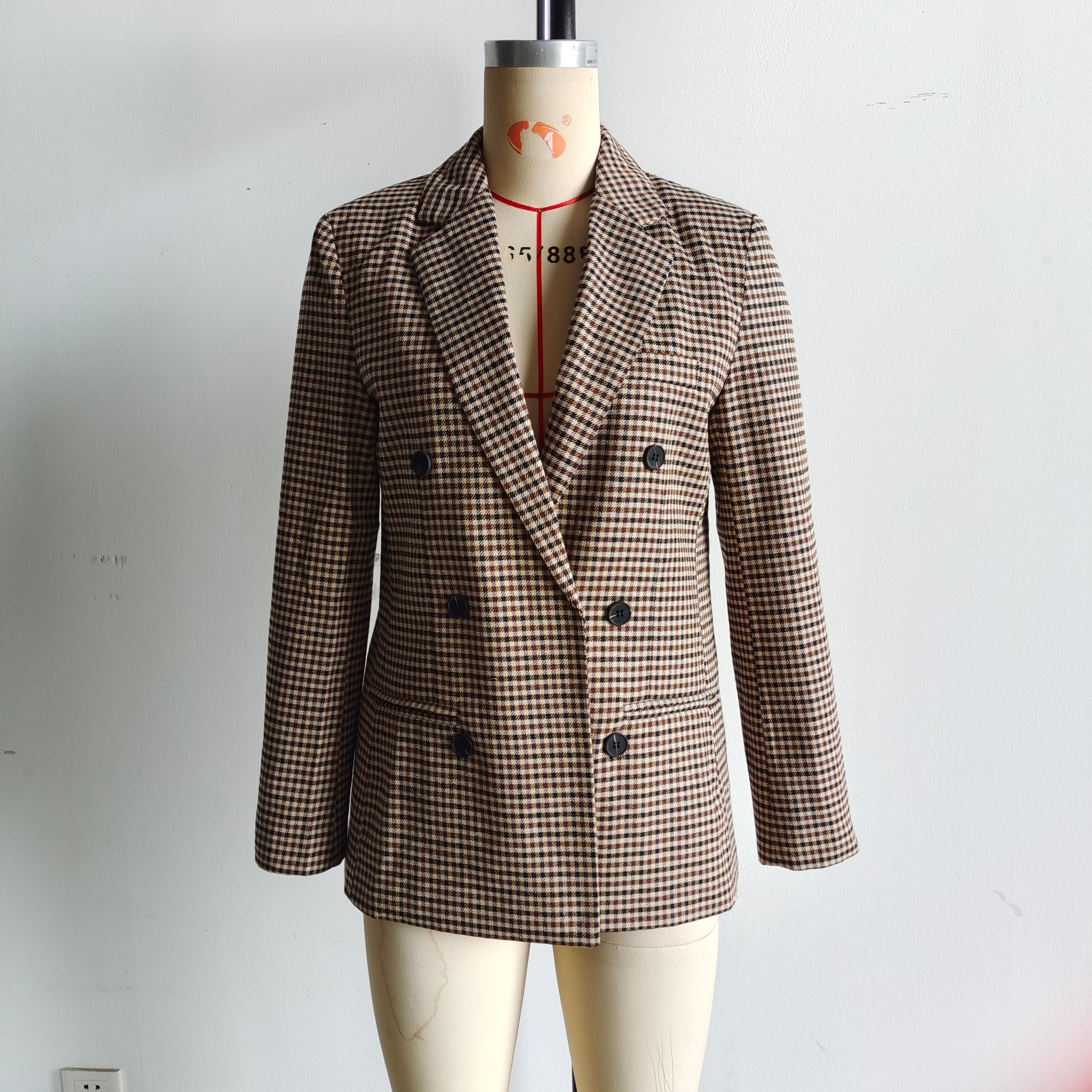 Women Autumn Plaid Double Breasted Coat Personalized Blazers