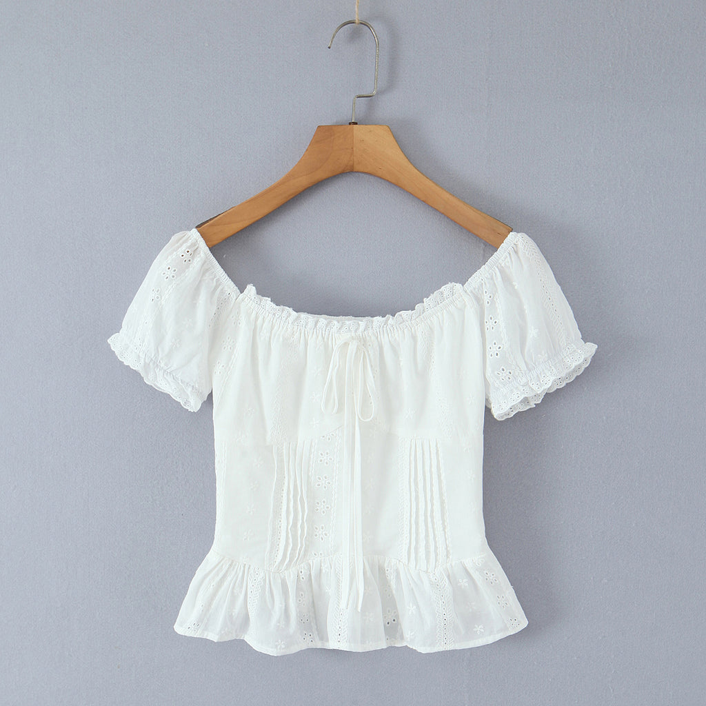 Sexy White off Shoulder Square Collar Lace Embroidered Single Breasted Short Sleeve Slim Shirt