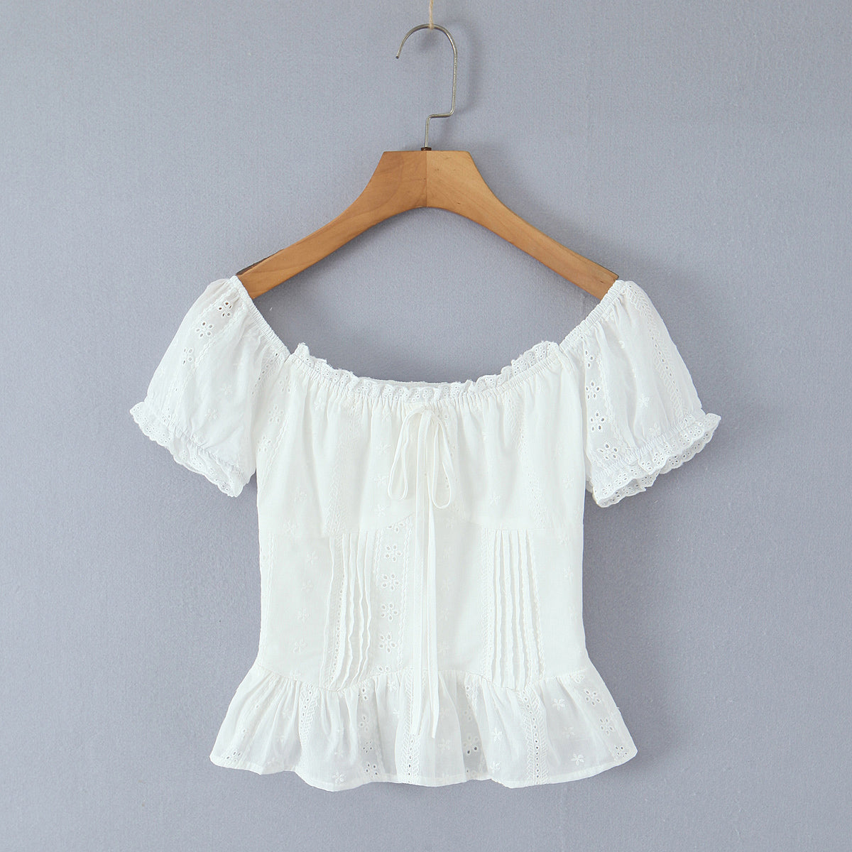 Sexy White off Shoulder Square Collar Lace Embroidered Single Breasted Short Sleeve Slim Shirt