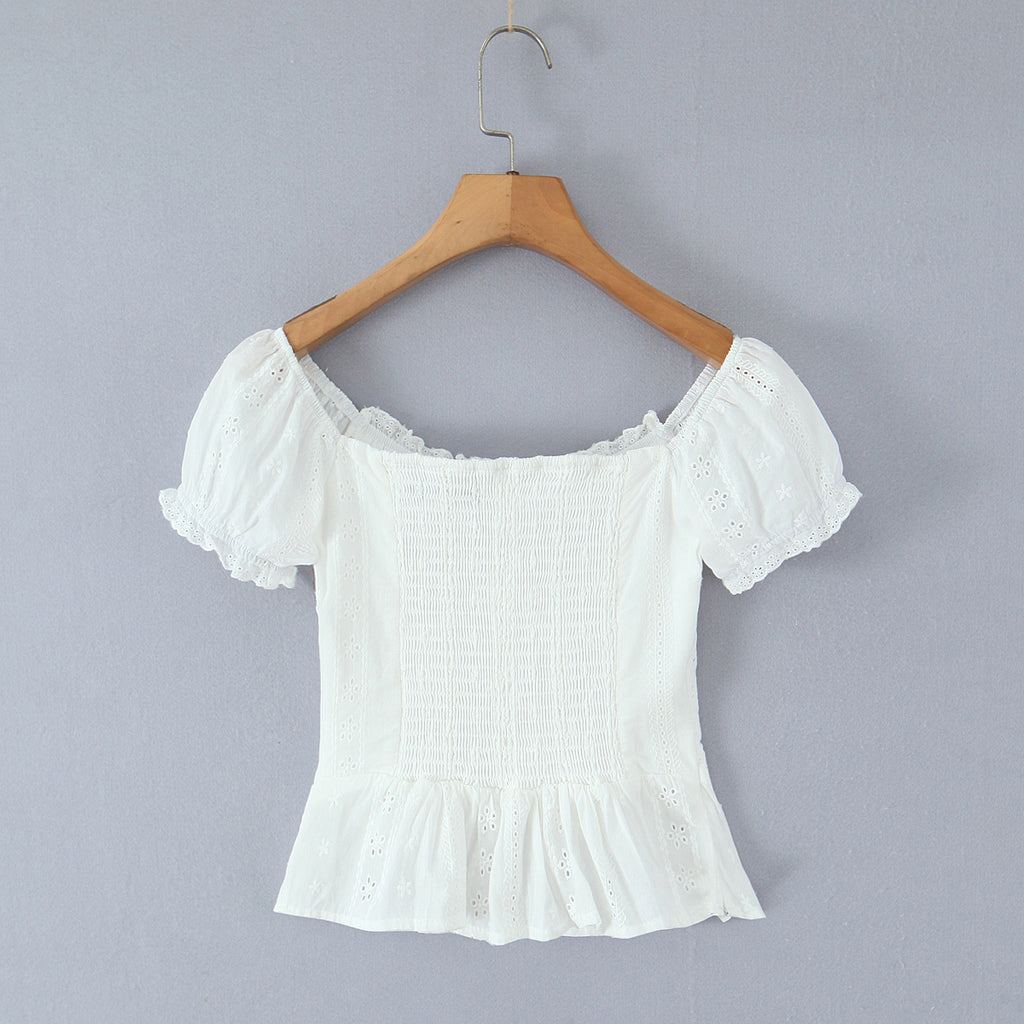 Sexy White off Shoulder Square Collar Lace Embroidered Single Breasted Short Sleeve Slim Shirt