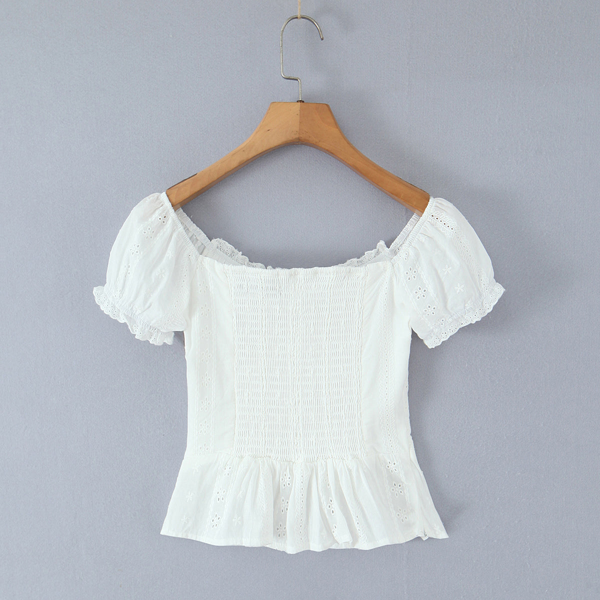 Sexy White off Shoulder Square Collar Lace Embroidered Single Breasted Short Sleeve Slim Shirt