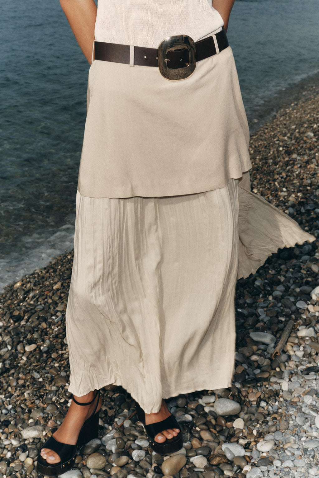 Women Clothing Summer Belt Stitching Midi Skirt