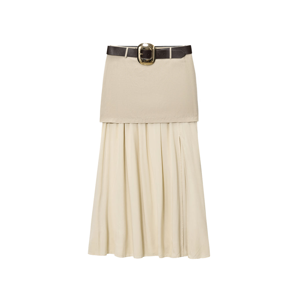 Women Clothing Summer Belt Stitching Midi Skirt