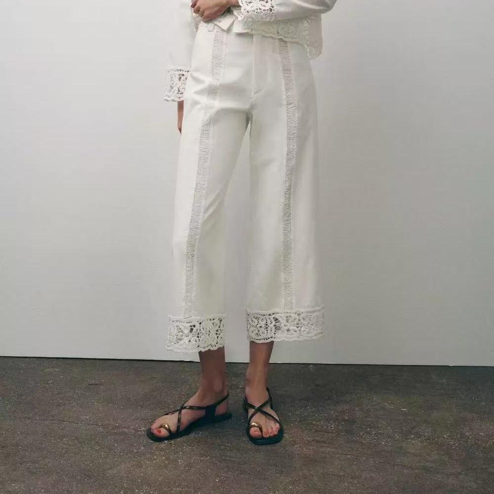 Women Clothing Summer Elastic Waist Hollow Out Cutout out Stitching Lace Solid Color Casual Pants Women