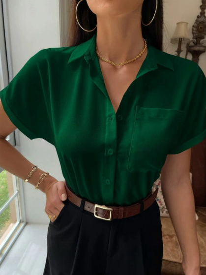 Satin V neck Shirt Women Women Solid Color Satin Short Sleeve Casual Button Satin Shirt