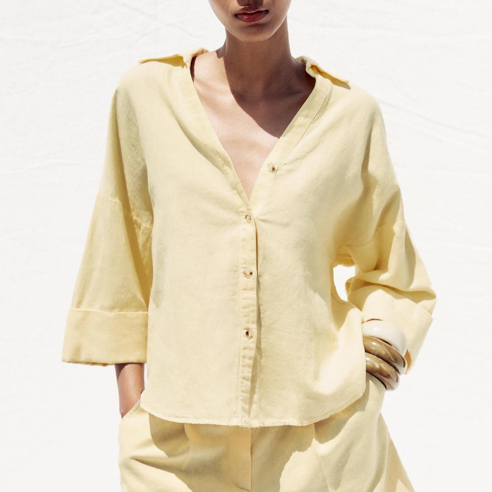 Summer Women Clothes Linen Blended Wide Sleeve Shirt